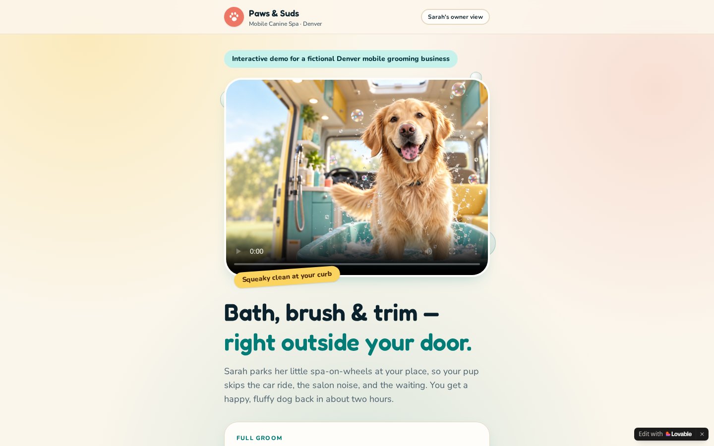 Paws & Suds booking prototype homepage